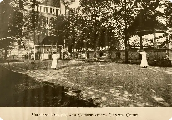 Historical photo of the Crescent College and Conservatory tennis court